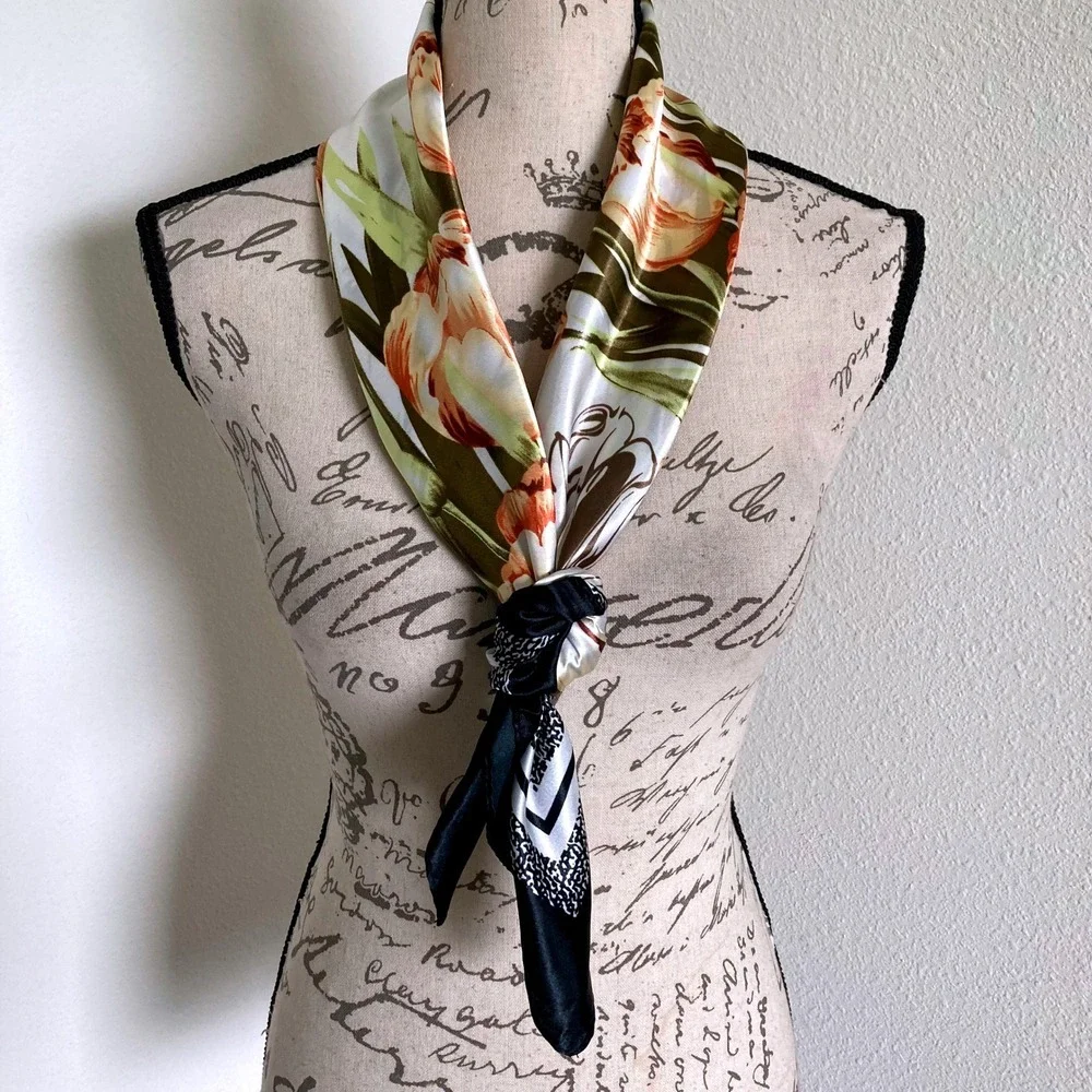 Floral print art Satin square Oversized boho hair neck scarf Romantic preppy 💖